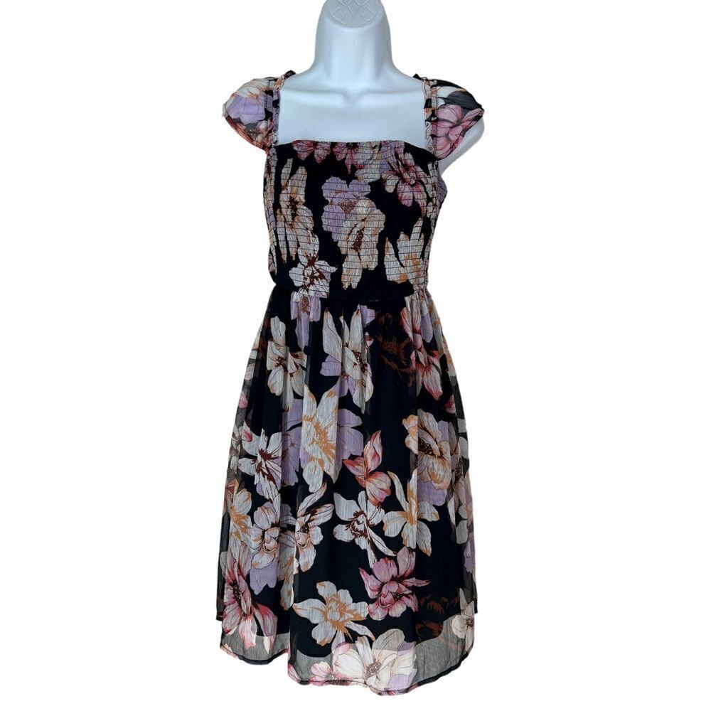 Lovestitch Black Lavender Floral Smocked Tie Back Drop Shoulder Mini  Dress sz M
